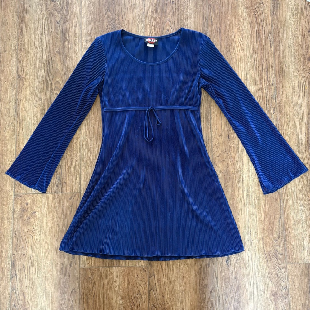 Y2K Ultra Flirt Blue Bell Sleeve Tie Waist Mini Babydoll Dress Medium USA made
